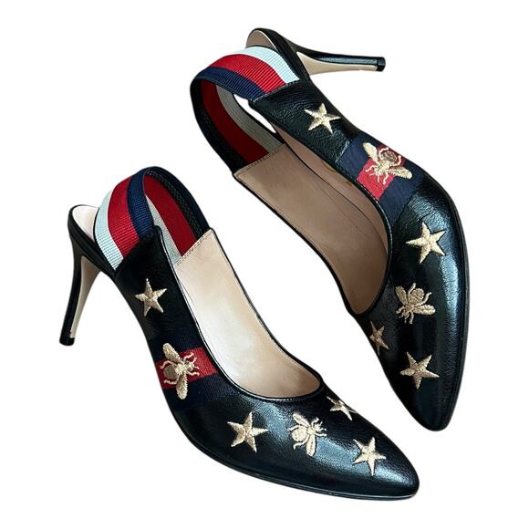 Gucci Heels Sylvie Web Bee Accent Leather Slip On Slingback Round Toe Pumps Shoe - Picture 5 of 11